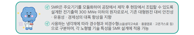 SMR은 주요기기를 모듈화하여 공장에서 제작 후 현장에서 조립할 수 있도록 설계한 전기출력 300 MWe 이하의 원자로로서, 기존 대형원전 대비 안전성 · 유용성 · 경제성의 대폭 향상을 지향
사용하는 냉각재에 따라 경수형과 비경수형(소듐냉각고속로 · 용융염로 · 고온가스로 등)으로 구분하며, 각 노형별 기술 특성을 SMR 설계에 적용 가능 