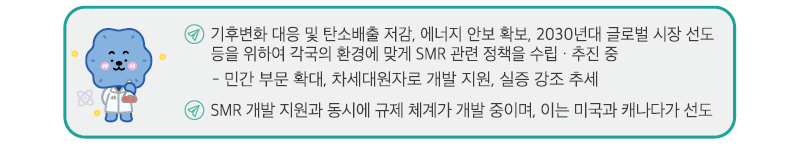 기후변화 대응 및 탄소배출 저감, 에너지 안보 확보, 2030년대 글로벌 시장 선도 등을 위하여 각국의 환경에 맞게 SMR 관련 정책을 수립·추진 중 - 민간 부문 확대, 차세대원자로 개발 지원, 실증 강조 추세
			SMR 개발 지원과 동시에 규제 체계가 개발 중이며, 이는 미국과 캐나다가 선도 