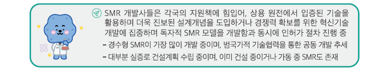 SMR 개발사들은 각국의 지원책에 힘입어, 상용 원전에서 입증된 기술을 활용하며 더욱 진보된 설계개념을 도입하거나 경쟁력 확보를 위한 혁신기술 개발에 집중하며 독자적 SMR 모델을 개발함과 동시에 인허가 절차 진행 중 
			- 경수형 SMR이 가장 많이 개발 중이며, 범국가적 기술협력을 통한 공동 개발 추세
			- 대부분 실증로 건설계획 수립 중이며, 이미 건설 중이거나 가동 중 SMR도 존재