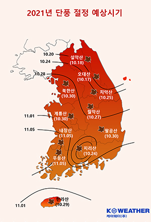 지구온난화로 인해 30년 전보다 단풍 시작은 물론 단풍의 절정기가 1~6일까지 늦어지고 있다. (출처 : 케이웨더)