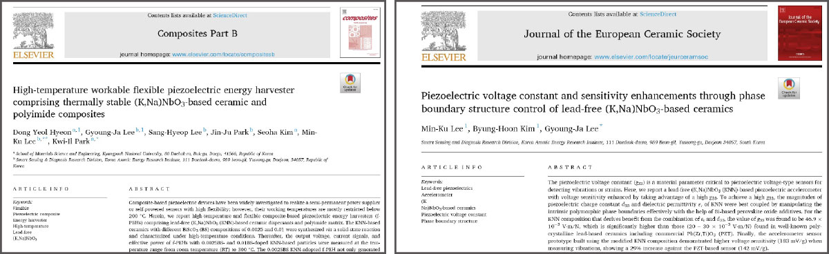 학술지 ‘Composites Part B’ 4월 호(왼쪽)와 ‘Journal of the European Ceramic Society’ 5월 호에 게재된 연구성과(오른쪽)