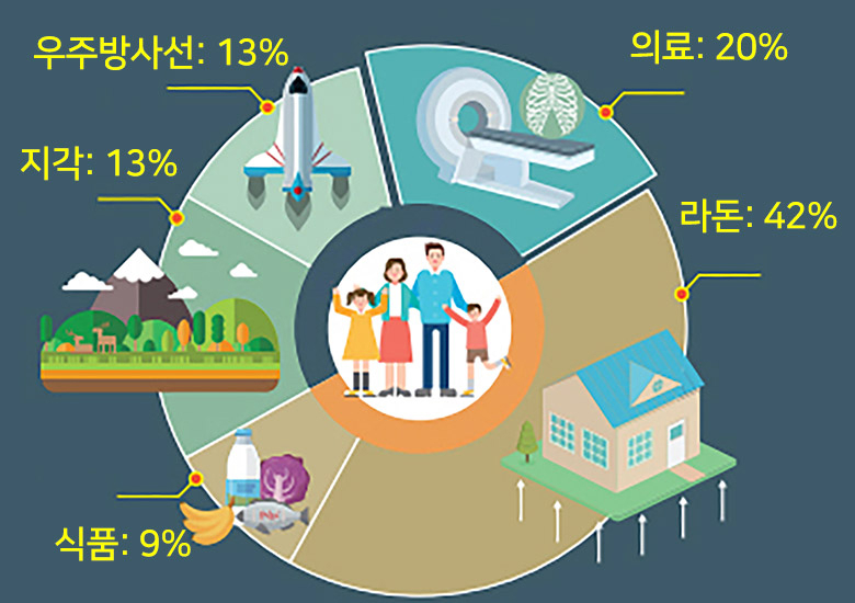 인류의 평균적 방사선 피폭 분포 참조 : 라돈바로알기