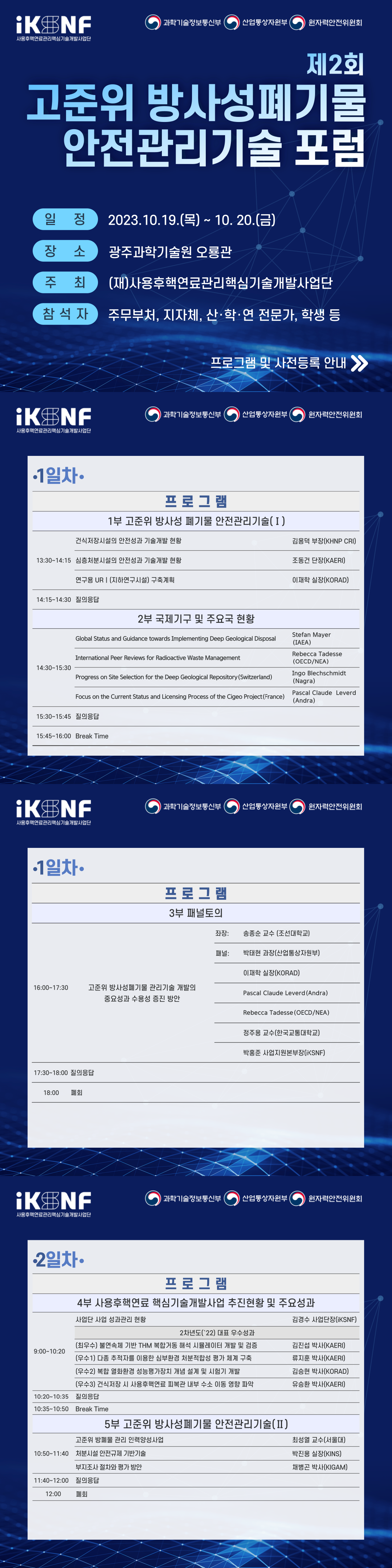 [로고]사용후핵연료관리핵심기술개발사업단, 과학기술정보통신부, 산업통상자원부, 원자력안전위원회 제2회 고준위 방사성폐기물 안전관리기술 포럼 안내. 일정: 2023년 10월 19일(목) ~ 10월 20일(금) 장소: 광주과학기술원 오룡관 주최: (재)사용후핵연료관리핵심기술개발사업단 참석자: 주무부처, 지자체, 산·학·연 전문가, 학생 등 프로그램 및 사전등록 안내 1일차 프로그램 1부: 고준위 방사성 폐기물 안전관리기술(Ⅰ) 13:30~13:45: 건식저장시설의 안전성과 기술개발 현황 (김용덕 부장, KHNP CRI) 13:45~14:00: 심층처분시설의 안전성과 기술개발 현황 (조동건 단장, KAERI) 14:00~14:15: 연구용 URI(지하연구시설) 구축계획 (이재학 실장, KORAD) 14:15~14:30: 질의응답 2부: 국제기구 및 주요국 현황 14:30~14:45: Global Status and Guidance towards Implementing Deep Geological Disposal (Stefan Mayer, IAEA) 14:45~15:00: International Peer Reviews for Radioactive Waste Management (Rebecca Tadesse, OECD/NEA) 15:00~15:15: Progress on Site Selection for the Deep Geological Repository (Switzerland) (Ingo Bleischmidt, Nagra) 15:15~15:30: Focus on the Current Status and Licensing Process of the Cigeo Project (France) (Pascal Claude Leverd, Andra) 15:30~15:45: 질의응답 15:45~16:00: Break Time 3부 패널토의 시간: 16:00~17:30 주제: 고준위 방사성폐기물 관리기술 개발의 중요성과 수용성 증진 방안 좌장: 송종순 교수 (조선대학교) 패널: 박태현 과장 (산업통상자원부) 이재학 실장 (KORAD) Pascal Claude Leverd (Andra) Rebecca Tadesse (OECD/NEA) 정주용 교수 (한국교통대학교) 박홍준 사업지원본부장 (iKSNF) 17:30~18:00: 질의응답 18:00: 폐회 2일차 프로그램 4부 사용후핵연료 핵심기술개발사업 추진현황 및 주요성과 사업단 사업 성과관리 현황: 김용수 사업단장(iKSNF) 2차년도(2022) 대표 우수성과 김진섭 박사 (KAERI): THM 복합거동 해석 시뮬레이터 개발 류지훈 박사 (KAERI): 실부환경 전력적합성 평가 체계 구축 김송현 박사 (KORAD): 성능평가장치 개발 및 시험기 개발 유승한 박사 (KAERI): 사용후핵연료 내 수소 이동 영향 분석 10:20~10:35: 질의응답 10:35~10:50: Break Time 5부 고준위 방사성폐기물 안전관리기술(II) 고준위 방폐물 관리 인력양성사업: 최성열 교수 (서울대) 처분시설 안전규제 기반기술: 박진용 실장 (KINS) 부지조사 절차와 평가 방안: 채봉근 박사 (KIGAM) 11:40~12:00: 질의응답 12:00: 폐회 
